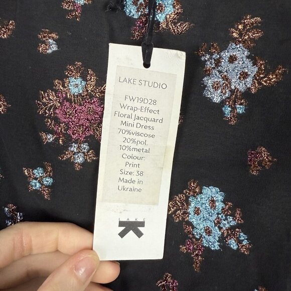 Lake Studio Floral Jacquard Wrap Mini Dress Black NWT 3/4 Sleeve Size 8 Ukraine - Picture 7 of 8